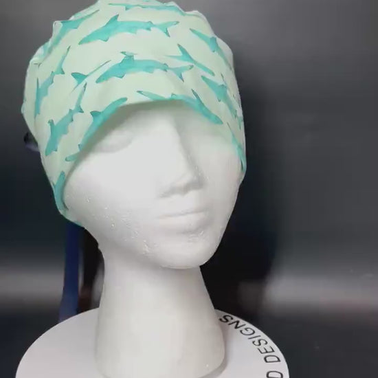 Shark Print Ponytail Scrub Cap- scrub hat with ribbon ties and optional satin lining