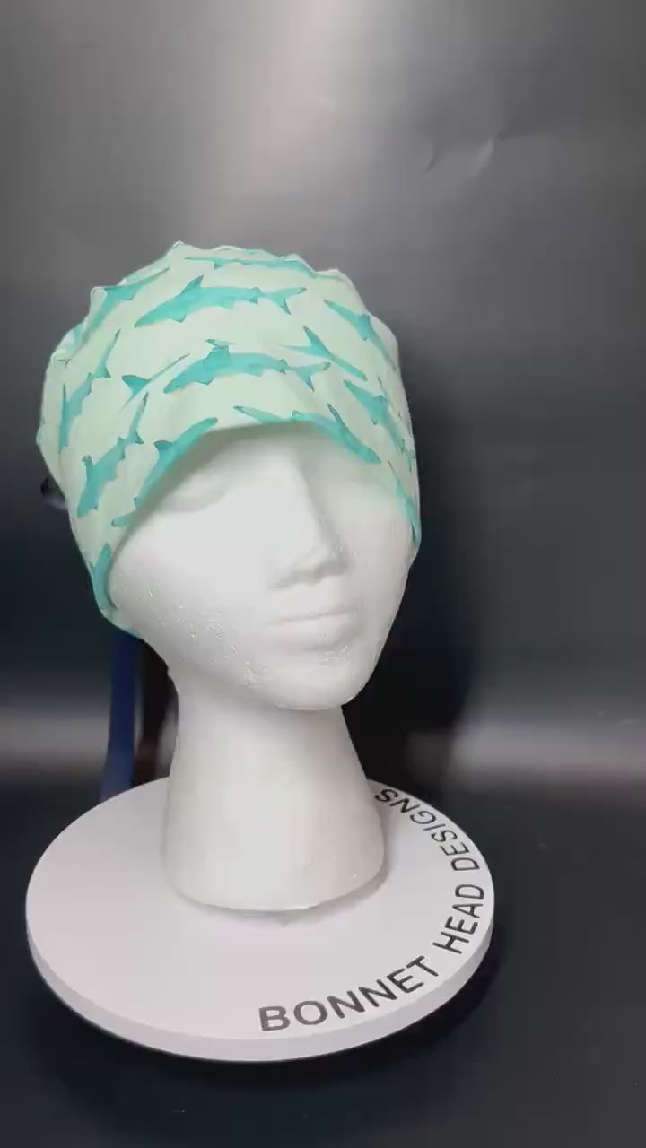 Shark Print Ponytail Scrub Cap- scrub hat with ribbon ties and optional satin lining