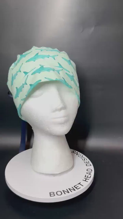 Shark Print Ponytail Scrub Cap- scrub hat with ribbon ties and optional satin lining