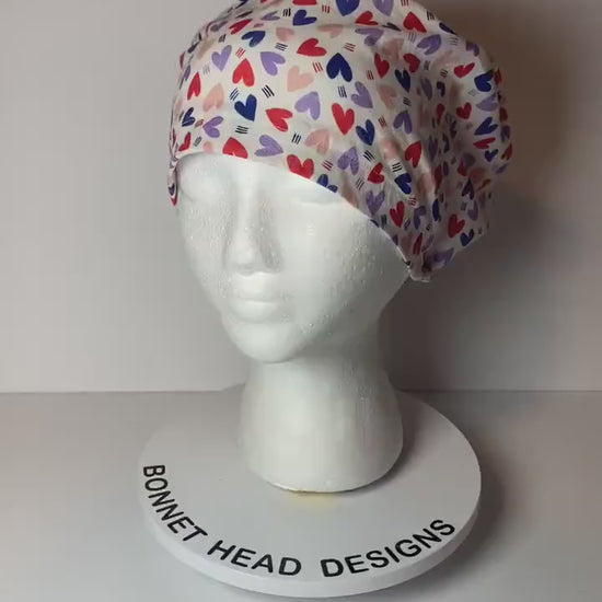 Valentine’s Day euro style scrub cap, heart print women’s scrub cap, Bonnet Head Designs