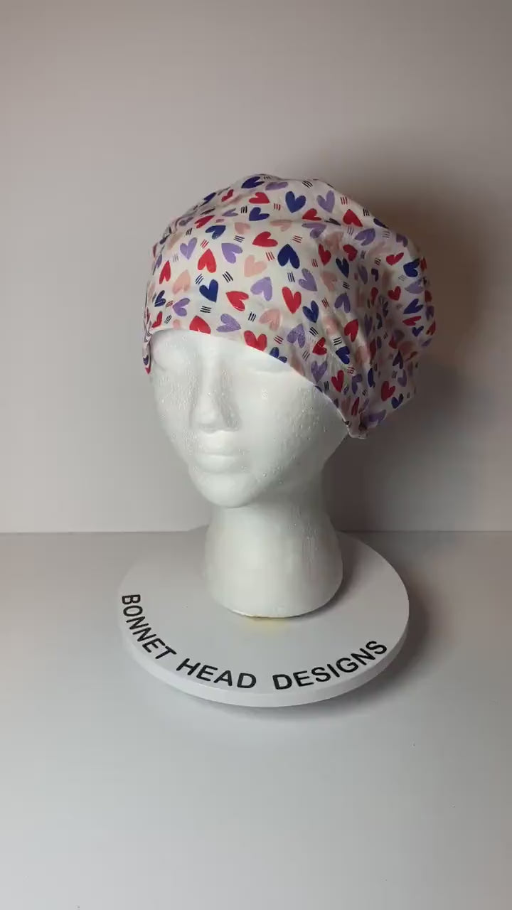 Valentine’s Day euro style scrub cap, heart print women’s scrub cap, Bonnet Head Designs