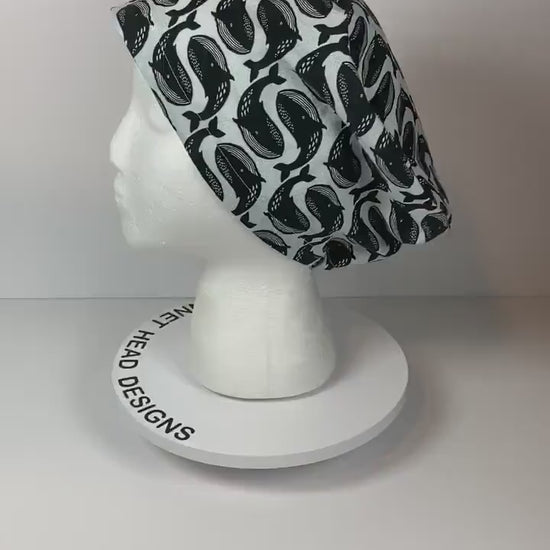 Black and white whale euro scrub cap