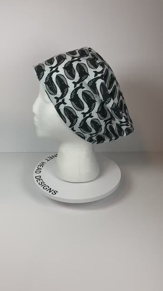 Black and white whale euro scrub cap