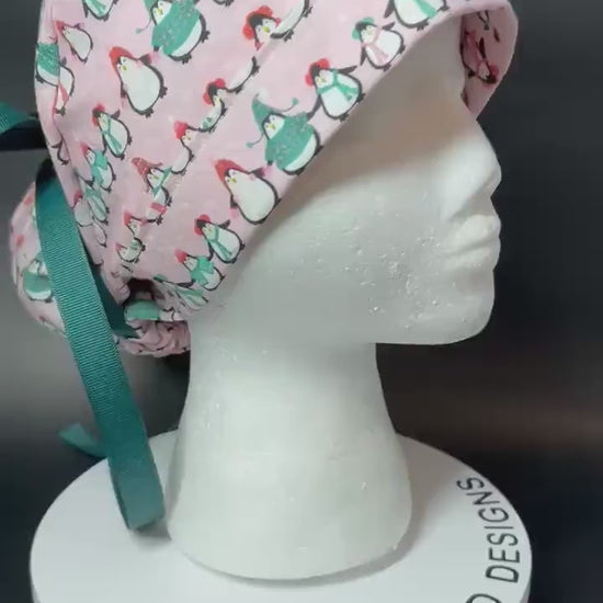 Chilly Penguins Scrub Cap: Winter Ponytail surgical Hat with satin lining option