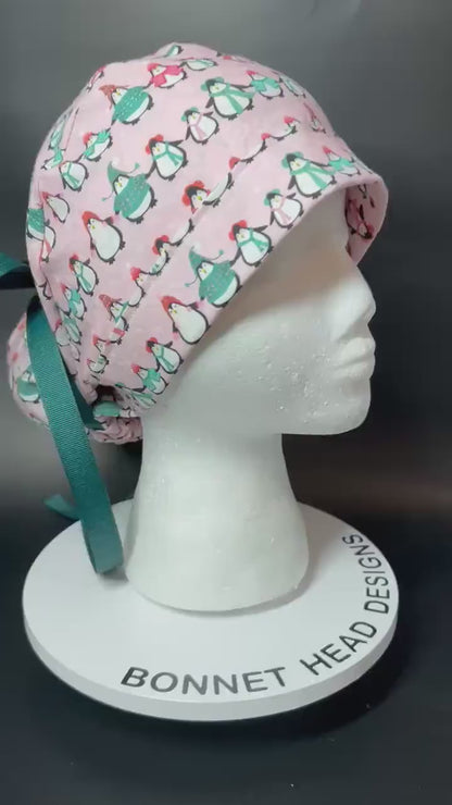 Chilly Penguins Scrub Cap: Winter Ponytail surgical Hat with satin lining option
