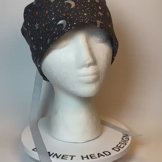 Rifle Paper Co Halloween moon and stars fabric scrub cap, metallic silver moon and stars ponytail scrub hat