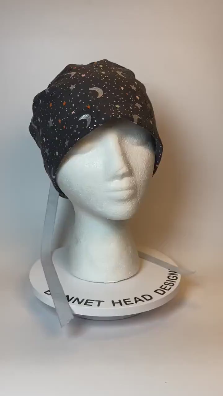 Rifle Paper Co Halloween moon and stars fabric scrub cap, metallic silver moon and stars ponytail scrub hat