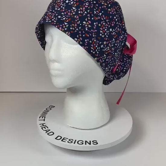 Navy and pink geometric scrub cap, abstract women’s  scrub hat, Bonnet Head Designs