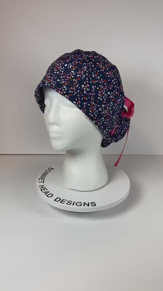 Navy and pink geometric scrub cap, abstract women’s  scrub hat, Bonnet Head Designs