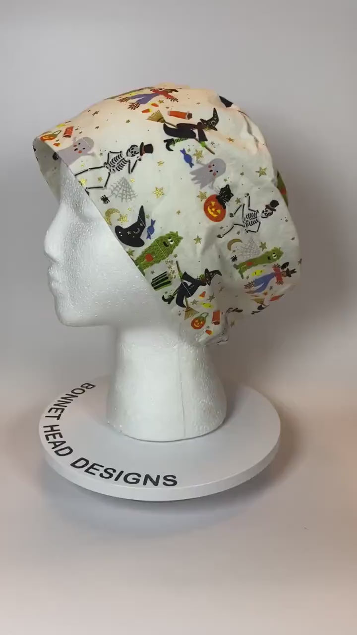 Rifle Paper Co Halloween parade euro style scrub cap, trick or treat Halloween toggle scrub hat