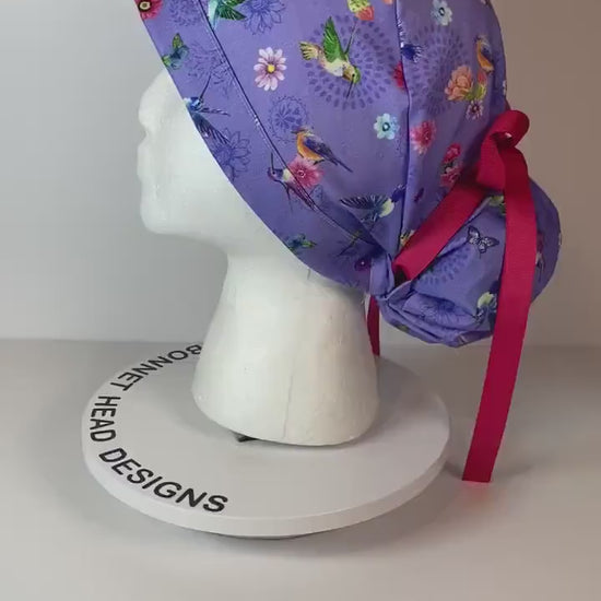 Hummingbird scrub cap, womens scrub hat hummingbirds, womens ponytail scrub cap, Bonnet Head Designs