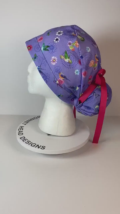 Hummingbird scrub cap, womens scrub hat hummingbirds, womens ponytail scrub cap, Bonnet Head Designs