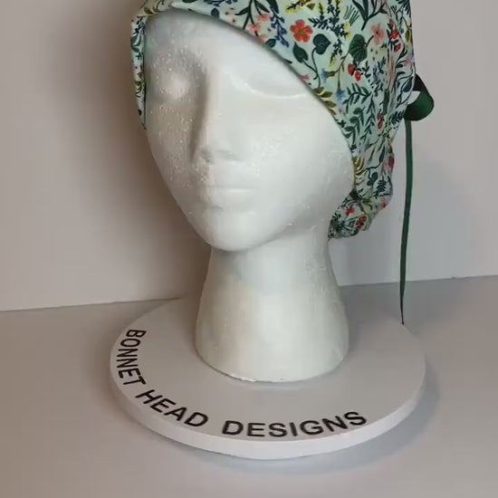 Rifle Paper Co mint metallic fabric scrub cap, mint floral scrub hat, ponytail scrub cap mint green floral, Bonnet Head Designs