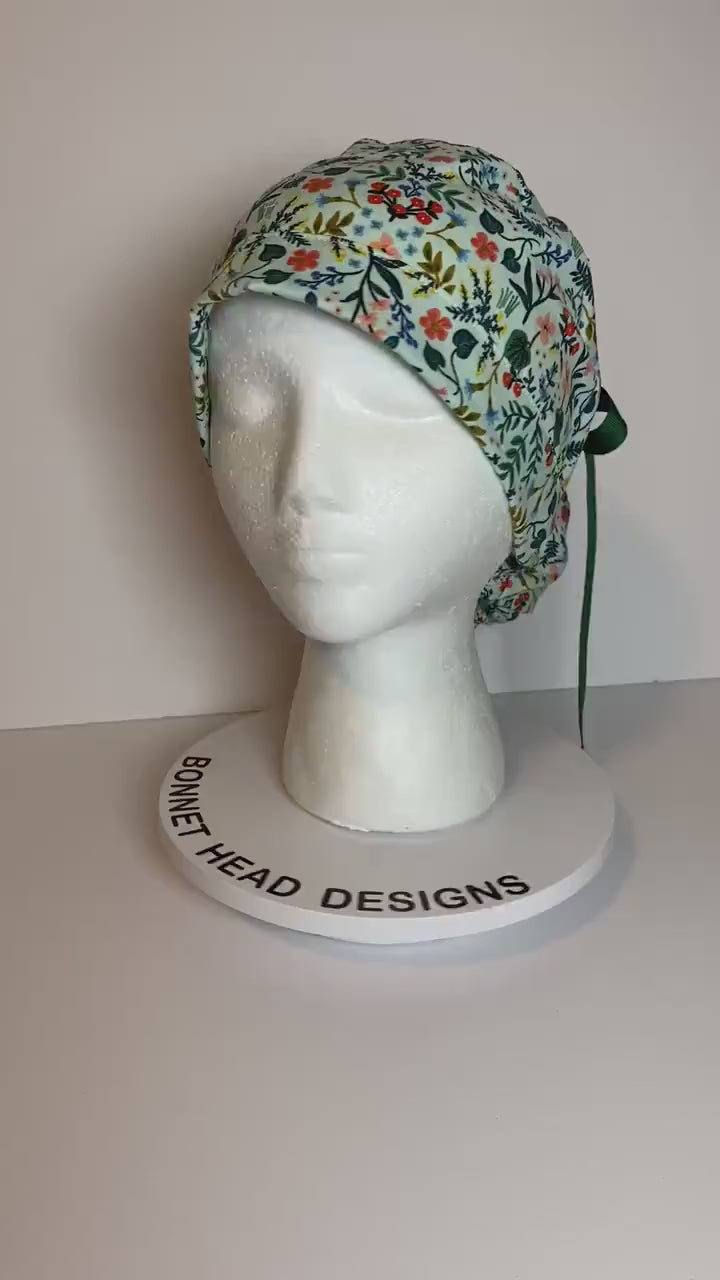 Rifle Paper Co mint metallic fabric scrub cap, mint floral scrub hat, ponytail scrub cap mint green floral, Bonnet Head Designs