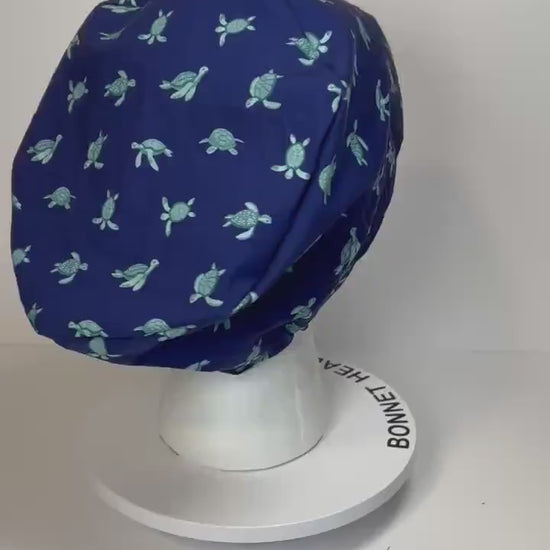 Navy Sea turtle euro style scrub cap, women’s turtle print scrub cap with toggle, Bonnet Head Designs