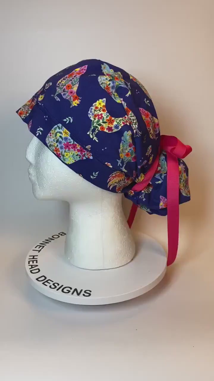 Chicken print womens scrub cap, Bonnet Head Designs