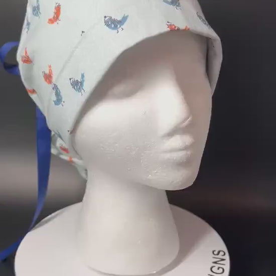 Winter Snow Birds Ponytail Scrub Cap: Women's Cinch Tie Hat