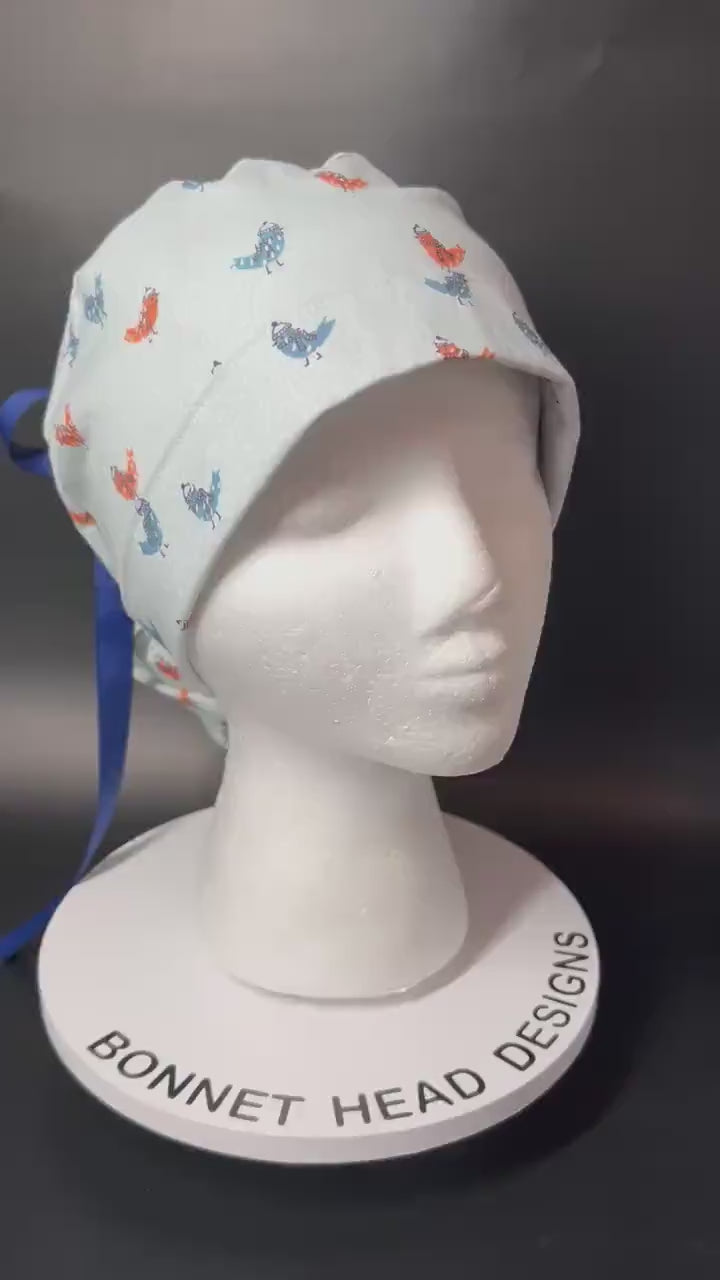 Winter Snow Birds Ponytail Scrub Cap: Women's Cinch Tie Hat