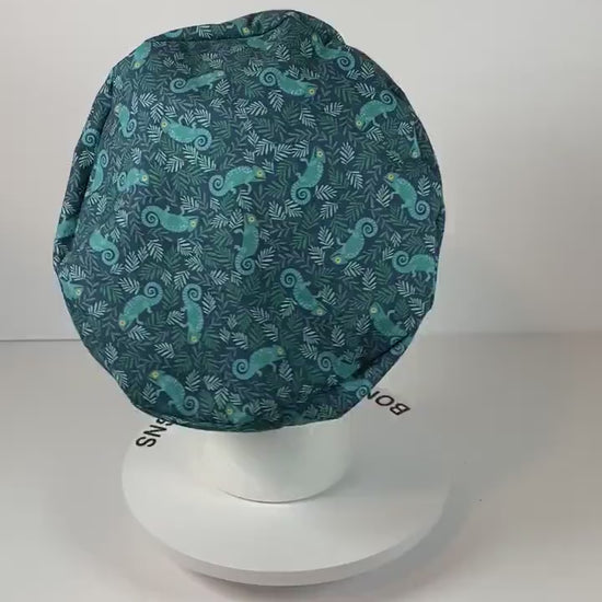 Gecko print euro scrub hat, navy and green women’s chameleon euro scrub cap