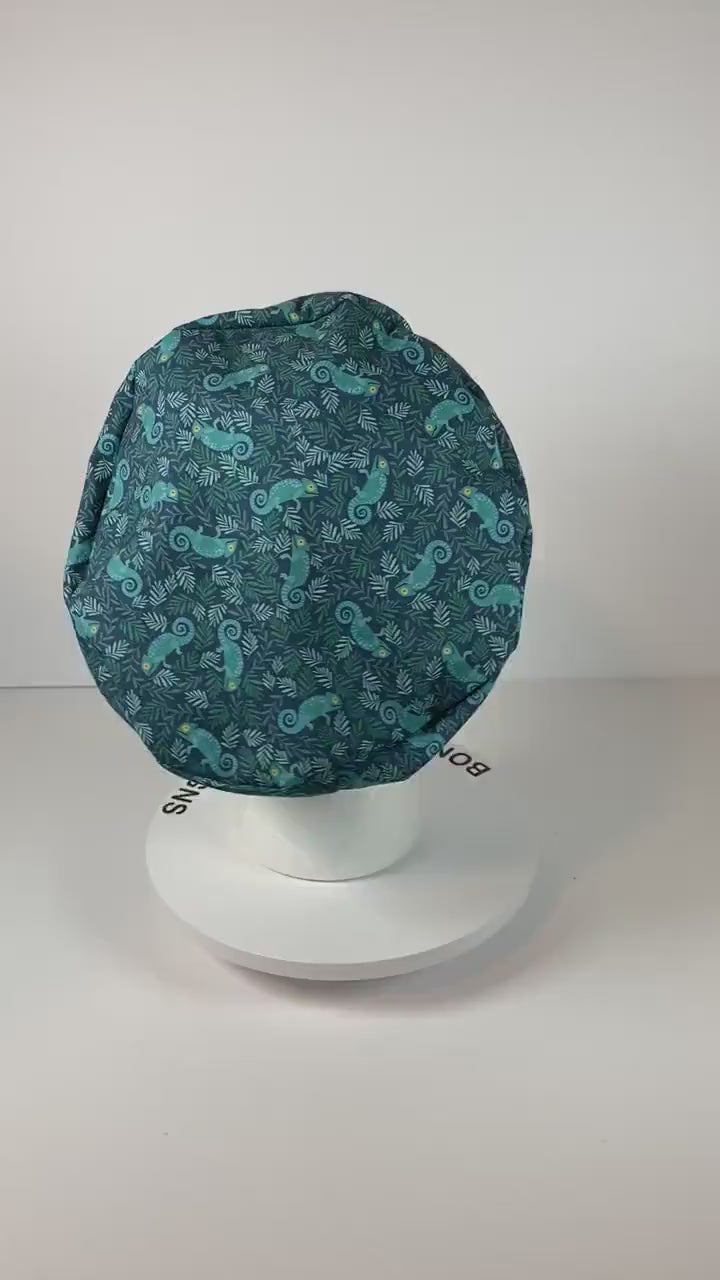 Gecko print euro scrub hat, navy and green women’s chameleon euro scrub cap