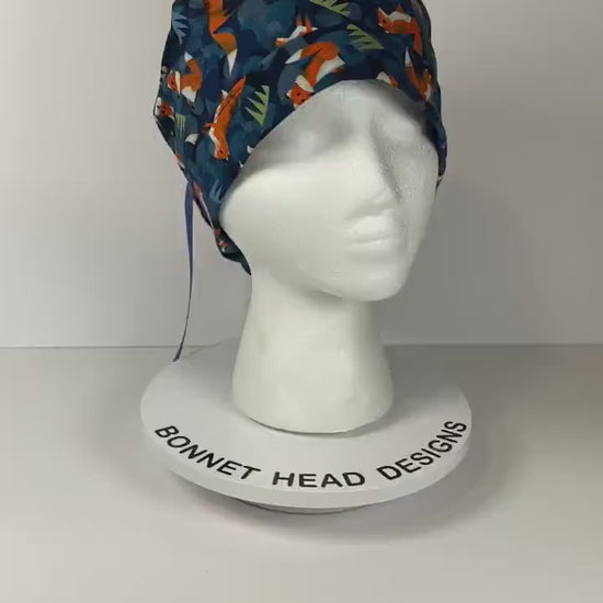 Fox print womens ponytail scrub cap, forest friends scrub cap, Bonnet Head Designs