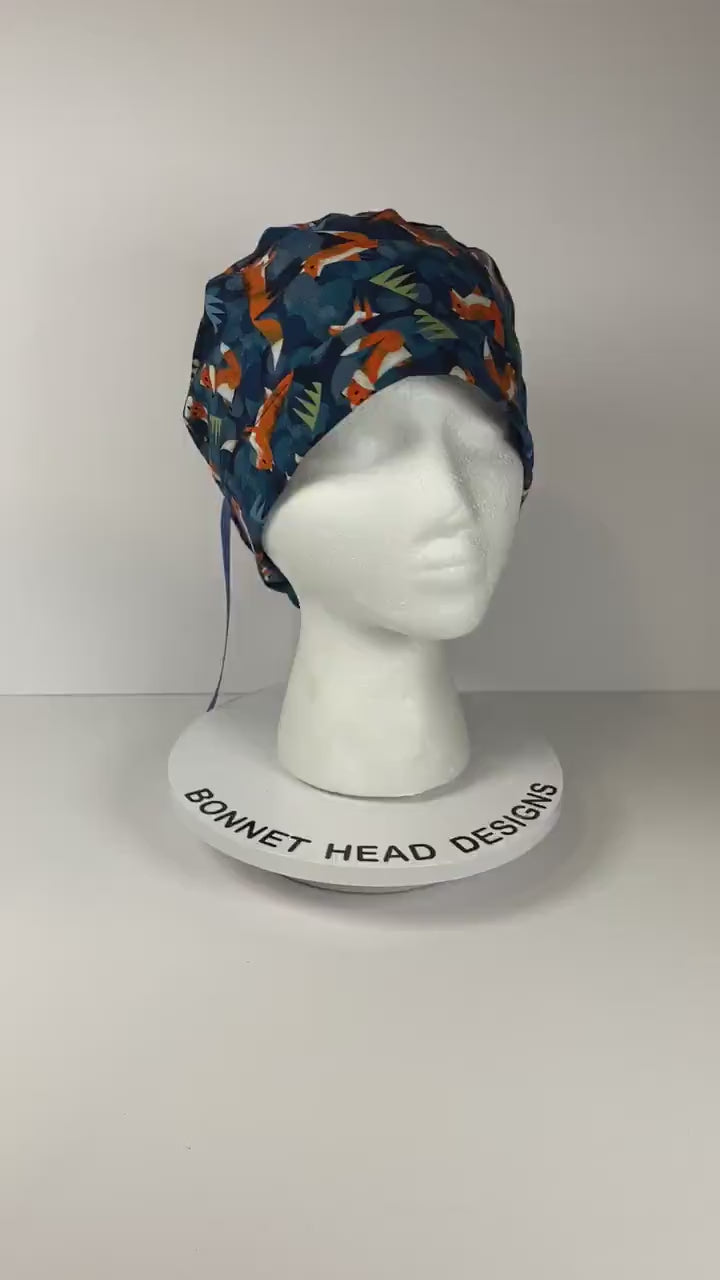 Fox print womens ponytail scrub cap, forest friends scrub cap, Bonnet Head Designs