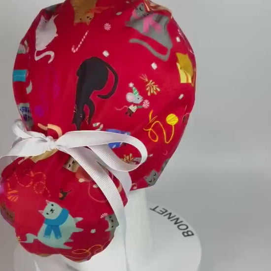 Christmas holiday cats ponytail scrub cap, women’s cat print scrub hat, Bonnet Head Designs