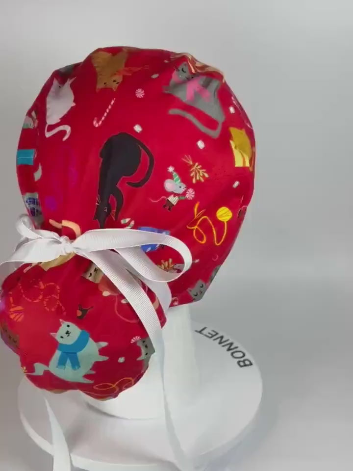 Christmas holiday cats ponytail scrub cap, women’s cat print scrub hat, Bonnet Head Designs