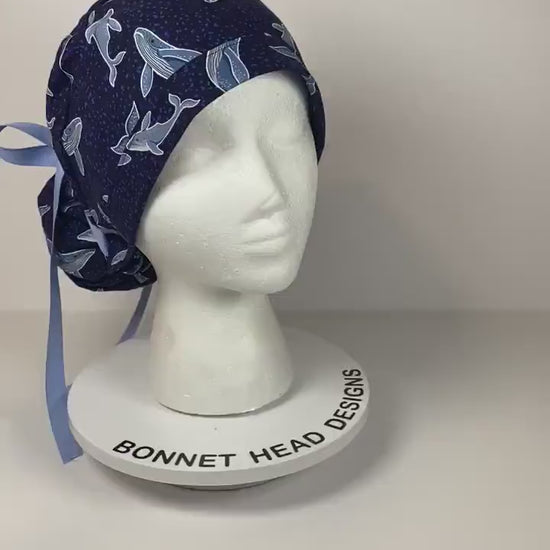 Navy blue whale scrub cap, women’s whale scrub cap, Bonnet Head Designs