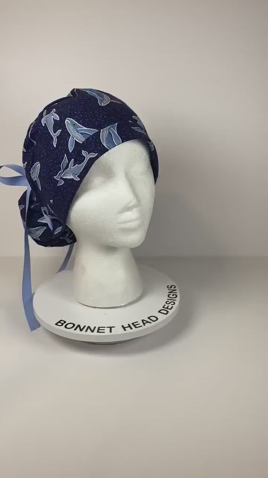 Navy blue whale scrub cap, women’s whale scrub cap, Bonnet Head Designs