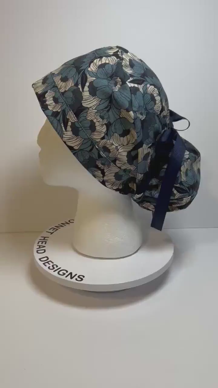 Wild Flora blue ponytail scrub hat, blue floral surgical hat with adjustable pouch, Bonnet Head Designs