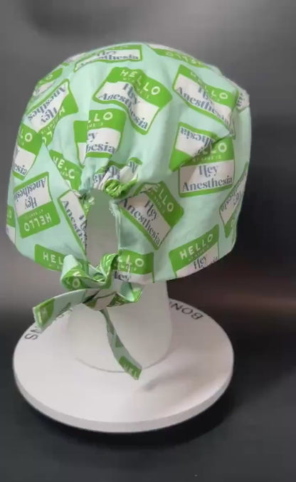 Hello my name is Hey Anesthesia scrub hat, men’s scrub hat in anesthesia fabric, gift for doctor or CRNA