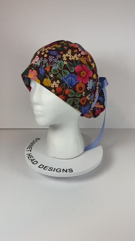 Rifle Paper Co Curio burgundy floral fabric scrub cap, women’s sunflower scrub hat floral, Bonnet Head Designs