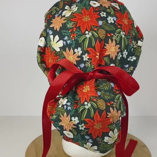 Rifle Paper Co Christmas fabric red and green poinsettias scrub cap, Holiday Classics Christmas floral women’s scrub hat