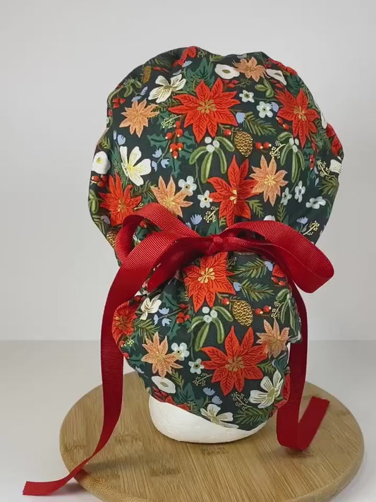 Rifle Paper Co Christmas fabric red and green poinsettias scrub cap, Holiday Classics Christmas floral women’s scrub hat