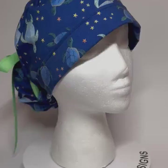 Sea Turtles and Stars Ponytail Scrub Cap- cute women’s scrub hat with ribbon ties and optional satin lining