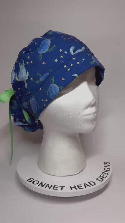 Sea Turtles and Stars Ponytail Scrub Cap- cute women’s scrub hat with ribbon ties and optional satin lining