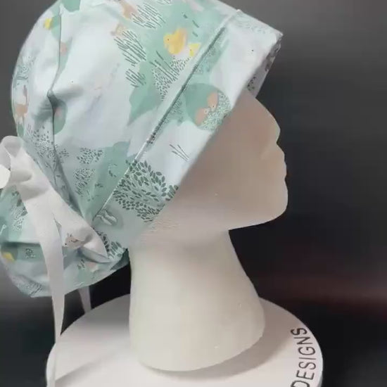 Forest Fable in Seagram ponytail scrub cap, women’s forest print scrub hat with cinch ties and satin lining option