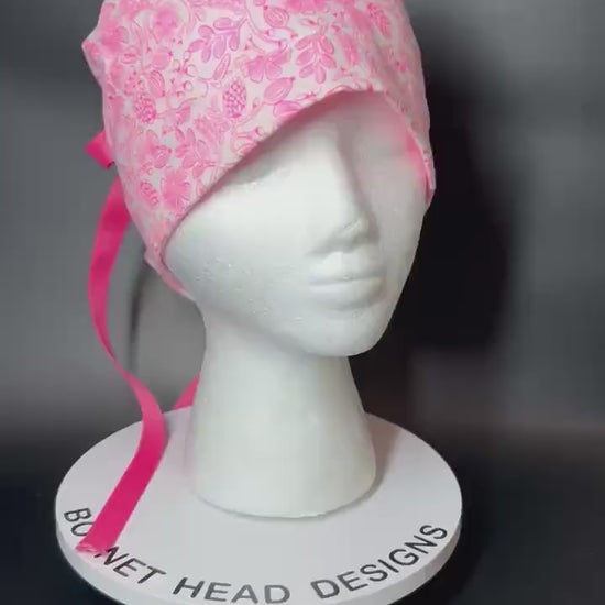 Rifle Paper Co neon pink moxie floral fabric scrub cap, women’s neon pink ponytail scrub hat, gift for nurse or doctor