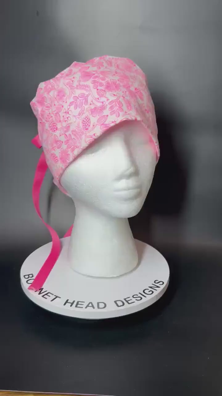 Rifle Paper Co neon pink moxie floral fabric scrub cap, women’s neon pink ponytail scrub hat, gift for nurse or doctor