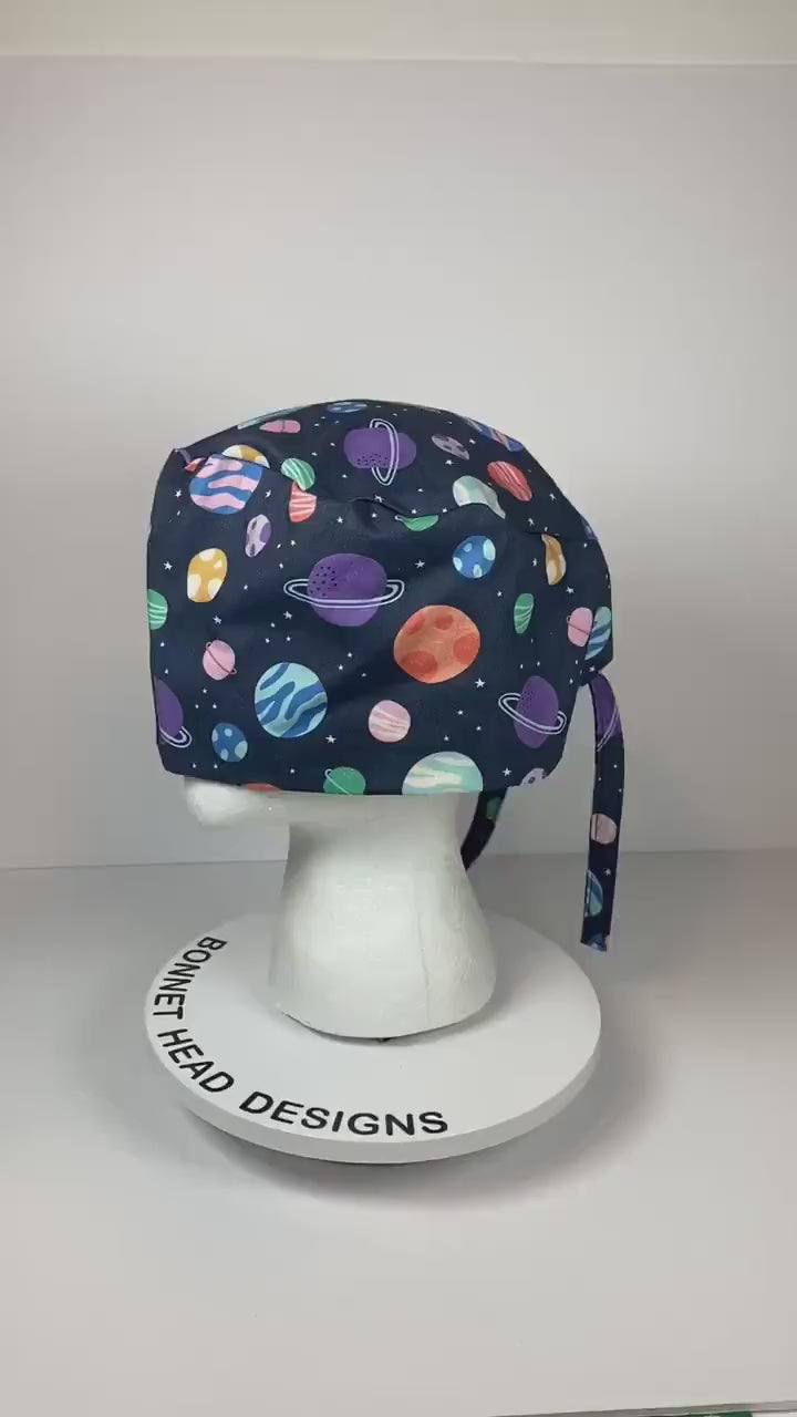 Mens scrub cap planets, outer space scrub cap unisex, unisex scrub cap space and planets, Bonnet Head Designs