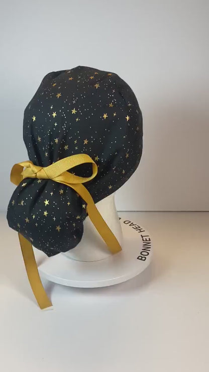 Black & Gold Star Ponytail Scrub Cap - Rifle Paper Co. Fabric
