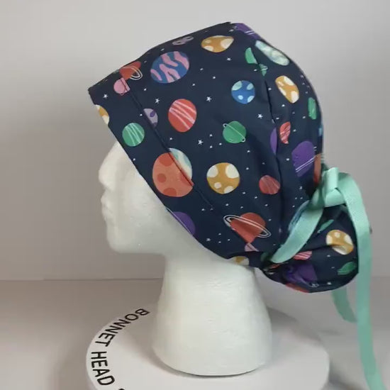 Space print women’s scrub cap, outer space planets ponytail scrub hat