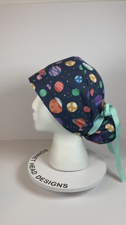 Space print women’s scrub cap, outer space planets ponytail scrub hat