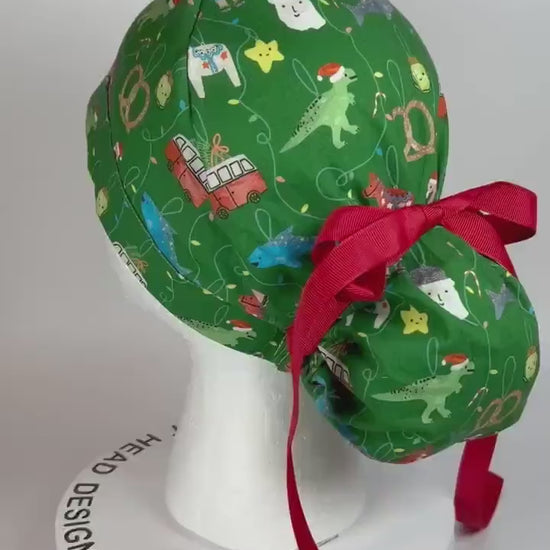 Green Christmas ornaments women’s scrub cap, women’s dinosaurs christmas ponytail scrub hat