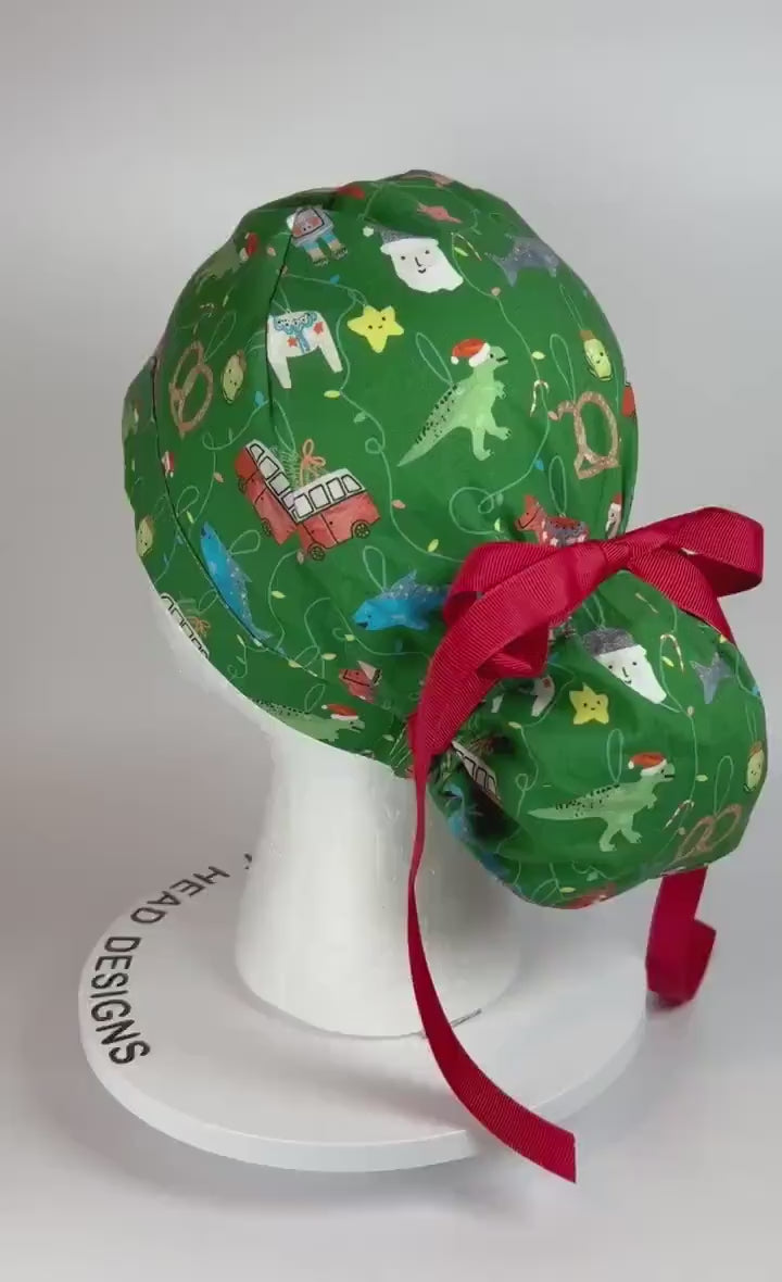 Green Christmas ornaments women’s scrub cap, women’s dinosaurs christmas ponytail scrub hat