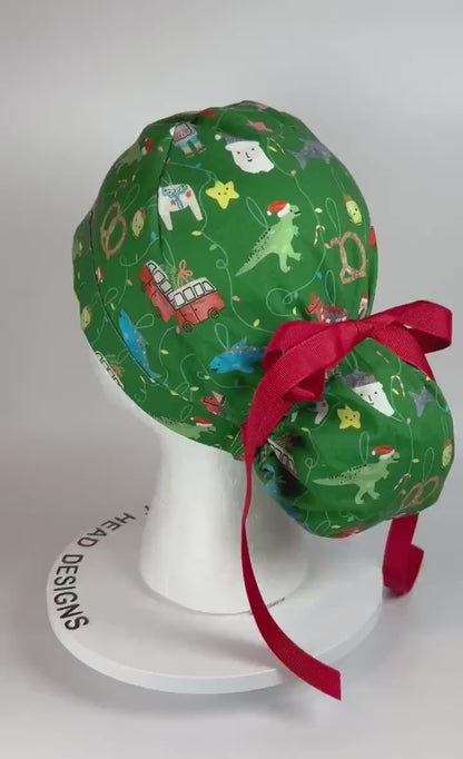Green Christmas ornaments women’s scrub cap, women’s dinosaurs christmas ponytail scrub hat