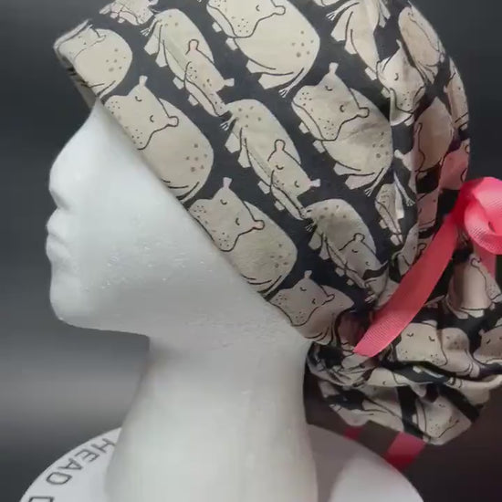 Weary Hippo Ponytail Scrub Cap- women’s scrub hat with optional satin lining, nurses week gift