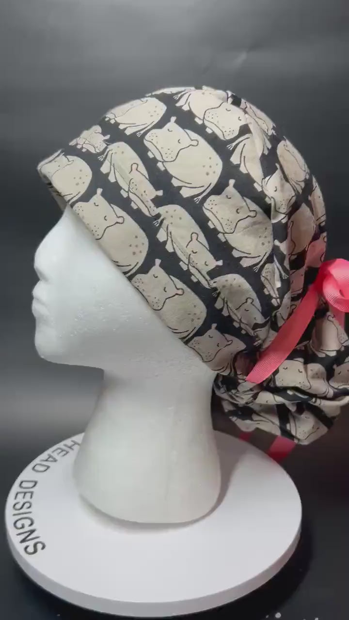 Weary Hippo Ponytail Scrub Cap- women’s scrub hat with optional satin lining, nurses week gift