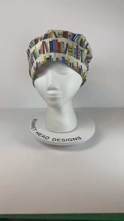 Cream Book club euro scrub cap, women’s book lovers scrub cap euro style , Bonnet Head Designs